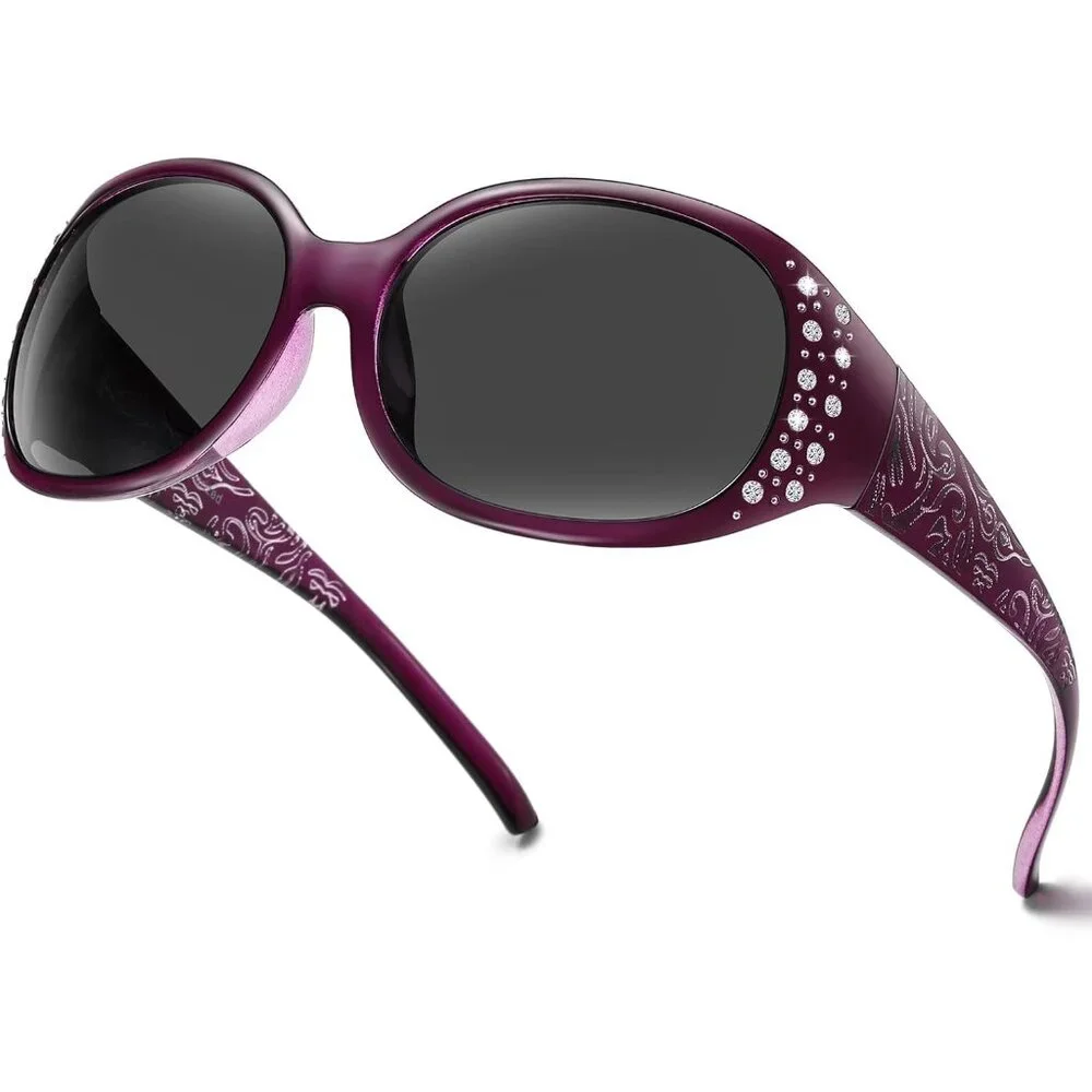 Womens Polarized Purple Frame Eyes Protection Sunglasses Rhinestone Around Wrap